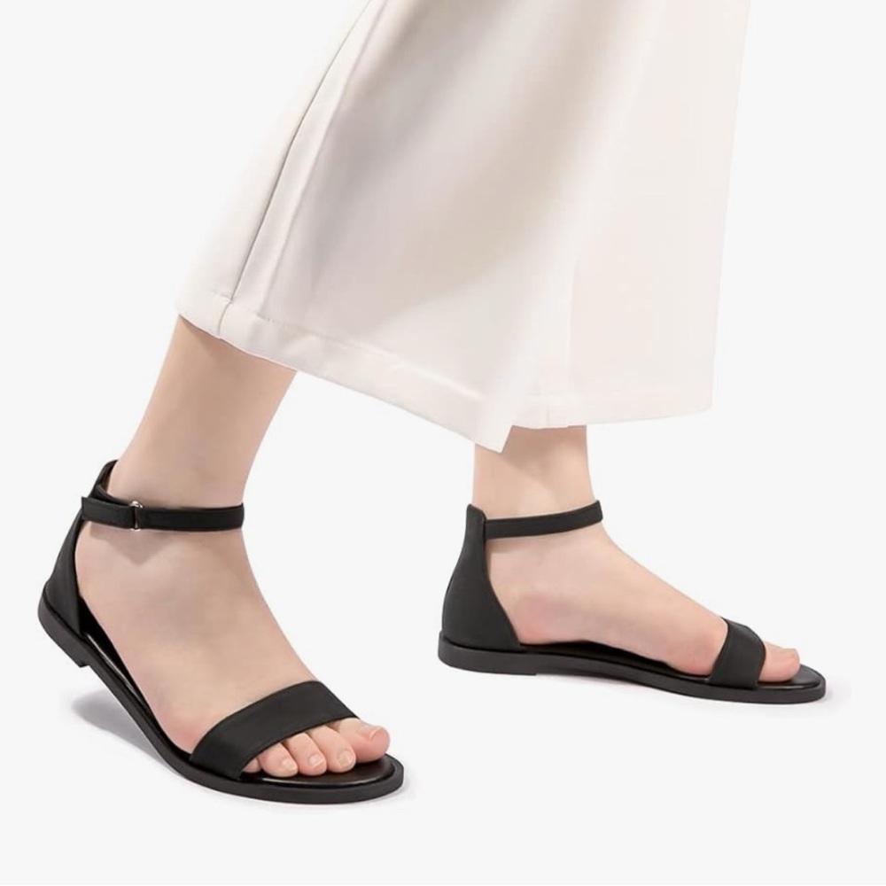 Women’s Black Flat Ankle Strap Sandals | Open Toe Dressy Casual Shoes Size 11